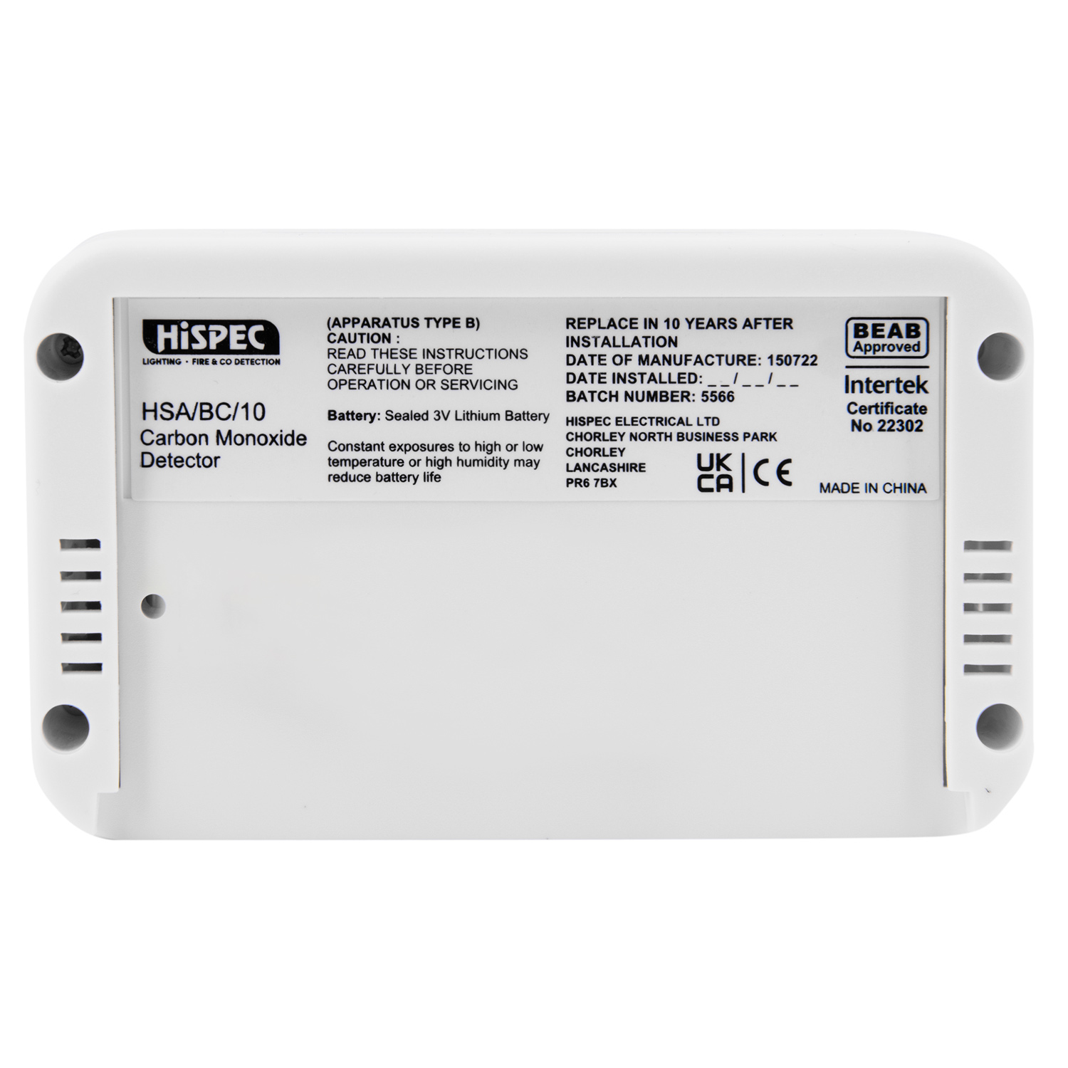 Hispec HSA/BC/10 Sealed 10 Year Battery Carbon Monoxide Alarm - £23.52 inc  VAT