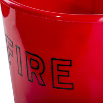 Red plastic bucket with the words 'FIRE' painted on