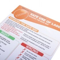 Lists safety checks and actions when working with a ladder