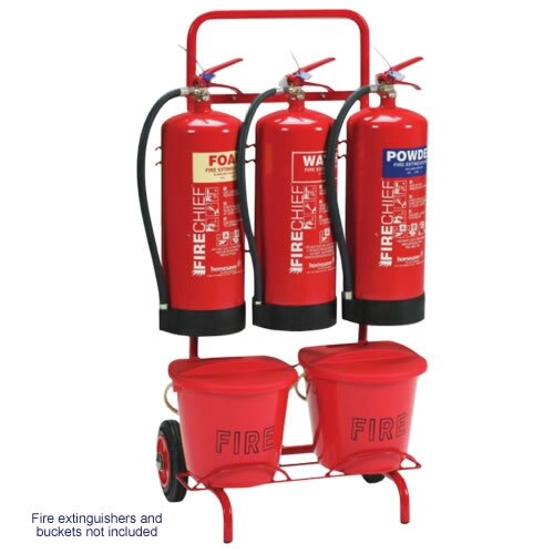 Triple fire extinguisher trolley available with bucket bracket