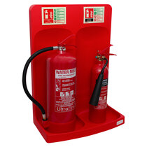 Double fire extinguisher stand designed to hold two extinguishers with self-adhesive ID signs