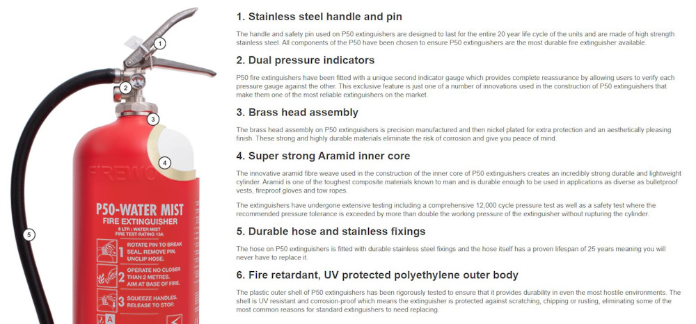 P50 fire extinguisher features list