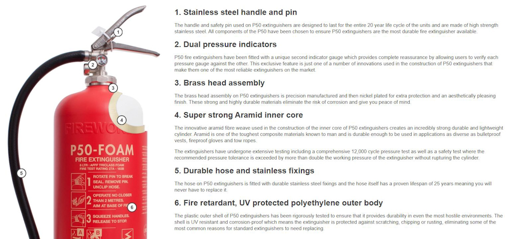 P50 fire extinguisher features list