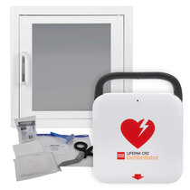 Image of the Physio-Control Lifepak CR2 USB Fully Automatic Defibrillator with ARKY Indoor Cabinet