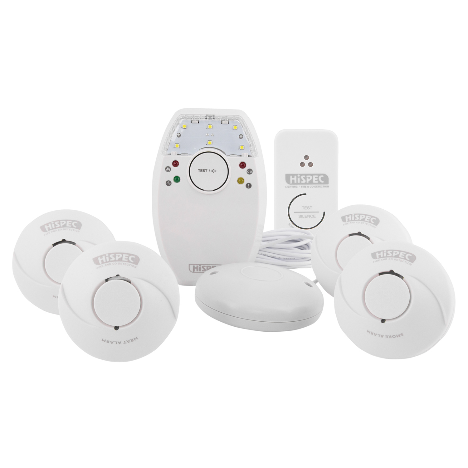 Image of the Hispec Deaf Aid with 3 Smoke, 1 Heat & 1 CO Alarm Kit